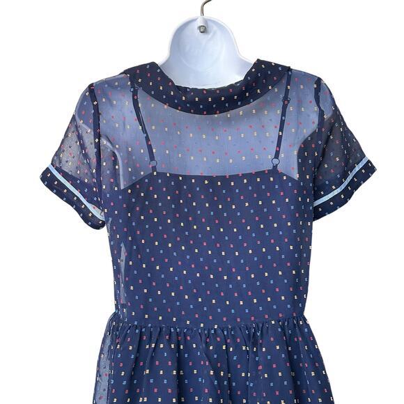 ModCloth Polka Dot Short-Sleeve Sheer blue Dress attached‎ slip S - Picture 7 of 10